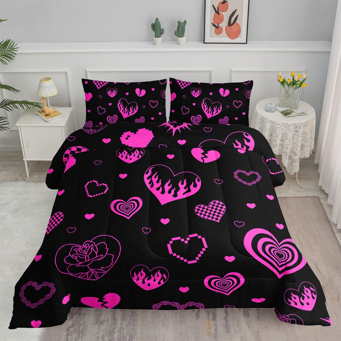 Smell Sunshine Heart Comforter Set Pink Rose Printed Bedding Set with 1 Comforter and 2 Pillowcases for Boys and Girls Bedroom All Season(Love Twin)