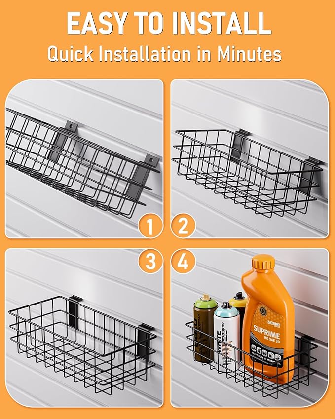 INCLY 4 Pack Black Slatwall Baskets Set, Ventilated Metal Hanging Storage Slat