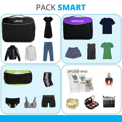 bago 8 Pcs Packing Cubes For Travel - 5 Packing Cube with 3 ZipLock Bags - Travel Cubes to Get Maximum Storage, Save Time & Effort to Pack - Happy Traveling (BlackBluePurpGreenPink)