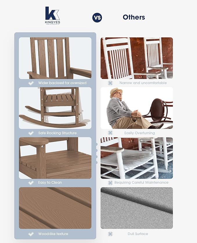 KINGYES Oversized Outdoor Rocking Chair Set of 4, All-Weather Patio Rocking Chairs for Porch, HDPE Outdoor Patio Rockers with High Back & Wide Seat for Garden, Lawn, Brown