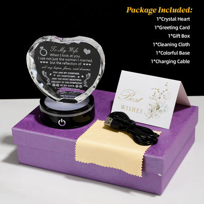 MysticGlitz Anniversary Romantic Gifts for Wife, Heart Crystal Keepsake Decor, LED Light Base Night Lamp, Thoughtful Birthday Gift for Her, Wedding Anniversary Present for Wife