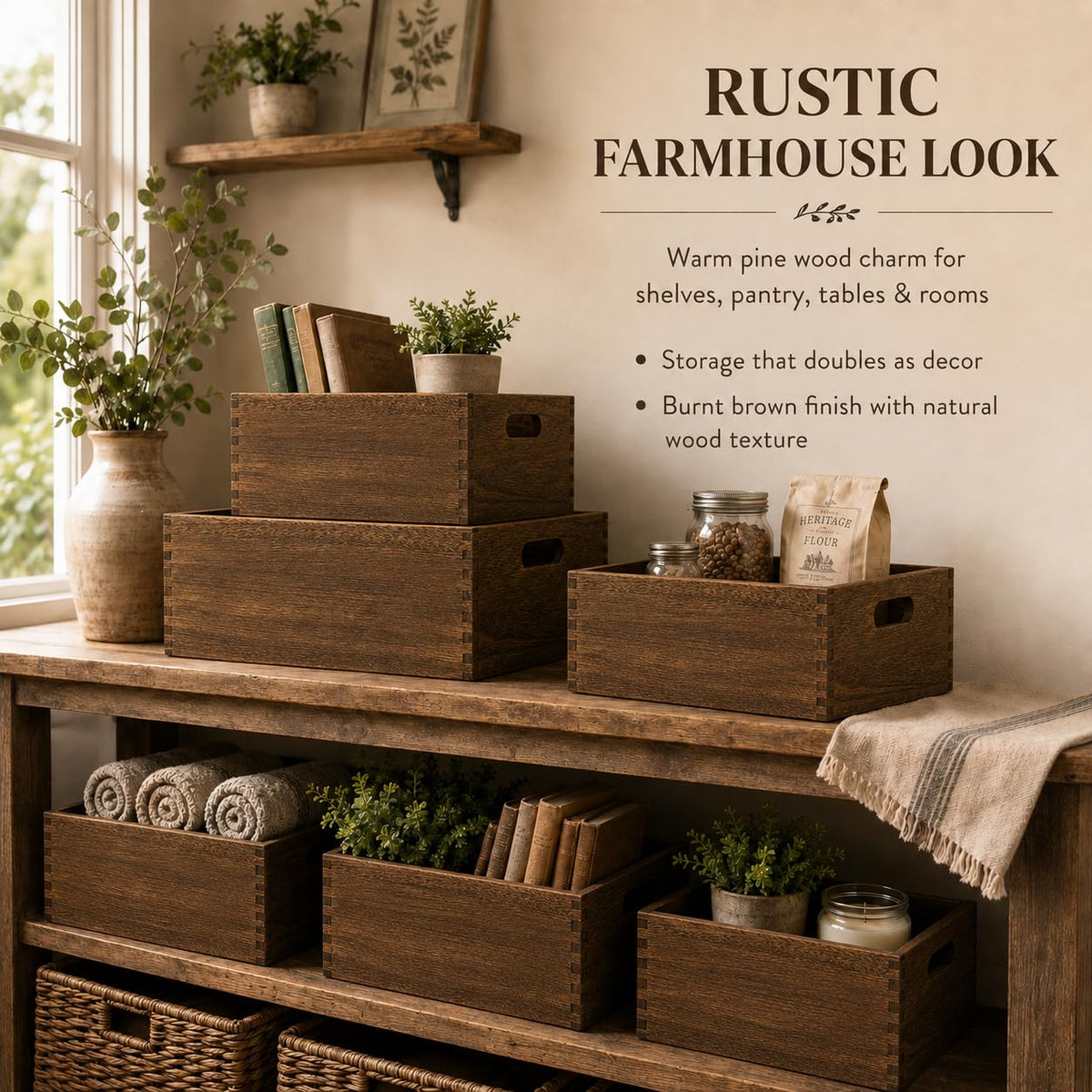 BOY MCOWBOY Wooden Crates for Display 5 Pack Extra Large Rustic Nesting Wooden Basket with Handle, Farmhouse Wood Crate for Storage and Container Multipurpose Wood Basket for Fruits Vegetables Boxes