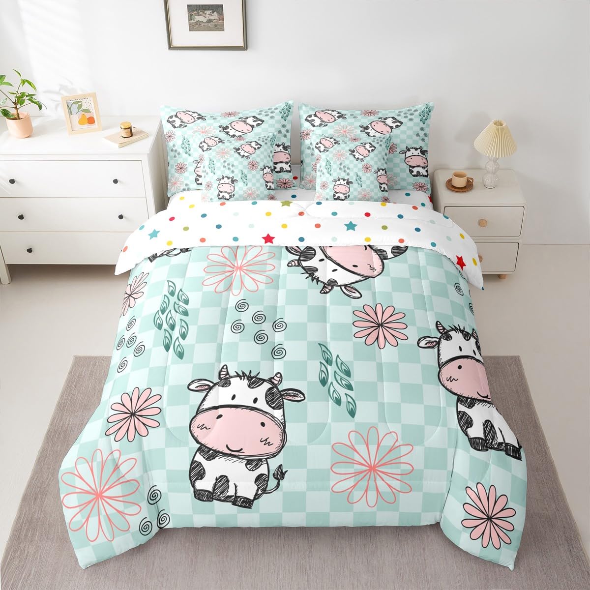 Erosebridal Kids Cartoon Cow Queen Comforter Set with Sheets | Lovely Animal 7 Piece Bedding Set Cute Pet Bed in a Bag, Buffalo Checked Backdrop Abstract Flowers Room Decor