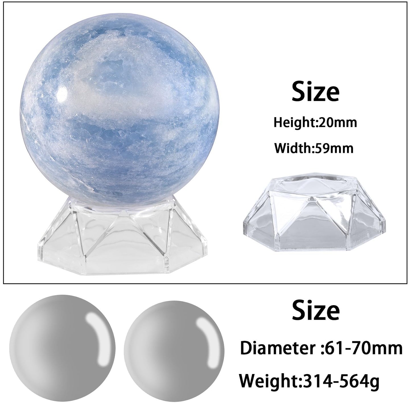 moonsix Natural Blue Celestite Crystal Ball with Acrylic Stand Decoractive Stone Sphere Sulpture for Divination Fengshui Decor, 61-70 mm