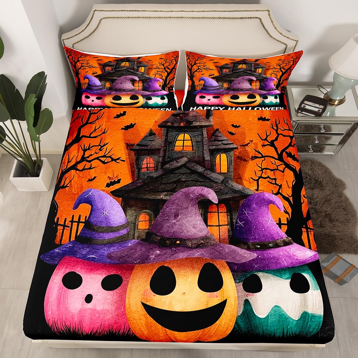 jejeloiu Halloween Decor Bed Sheets Set Twin Size Pumpkin Bed Set for Kids Boys Girls Witch Hat Deep Pocket Fitted Sheet Haunted Houses Breathable Soft Lightweight Microfiber