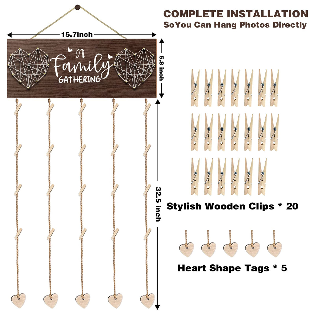 Picture Frames Collage Wall Decor, Rustic Wooden Hanging Photo Display with Clips - Holds 20 4x6 Pictures - Photo Holder for Home Decor, Gift Ideas, Family Memories, Christmas Card Holder
