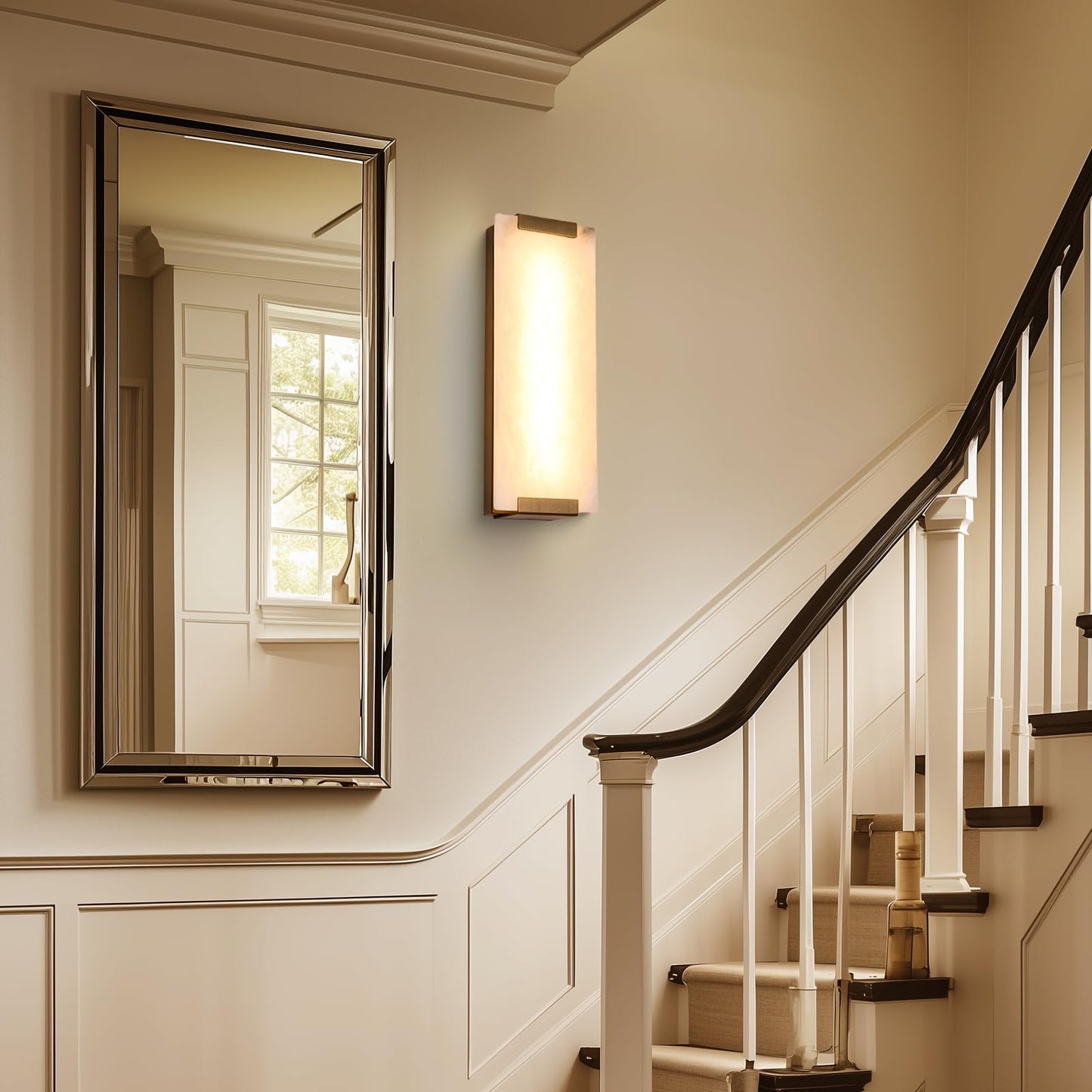 HOMLUCE 14.2in Alabaster Wall Sconces, Large Natural Marble Wall Sconces Set of Two, LED Modern Wall Lamp for Bedroom, Stairs, Living Room, Vanity, Bedside, Hallway （Brushed Bronze 12W）