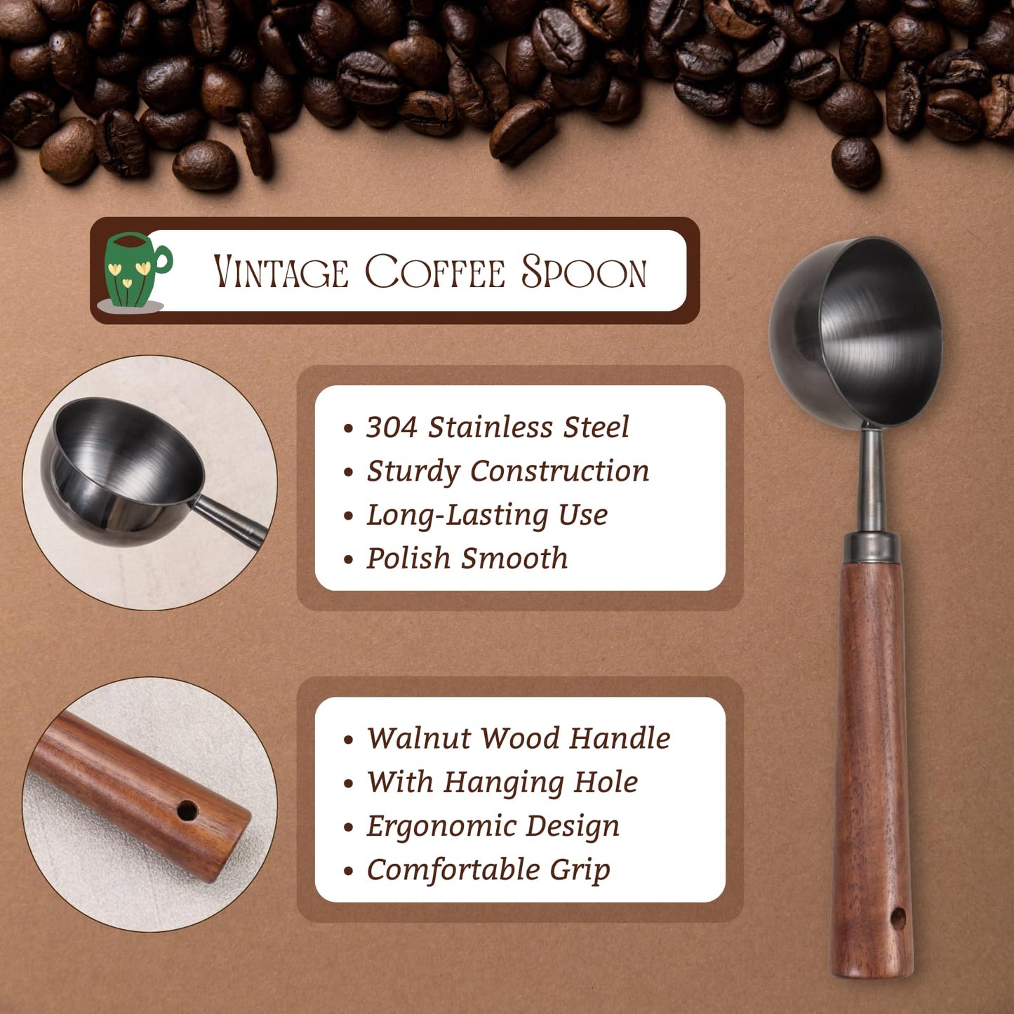 Vintage Coffee Scoop 10g/30ml Capacity 2pcs Retro 304 Stainless Steel Coffee Measuring Spoon Walnut Wooden Handle Coffee Scoop Kitchen Utensil for Measuring Scooping Tea Coffee Spices (Long Handle)