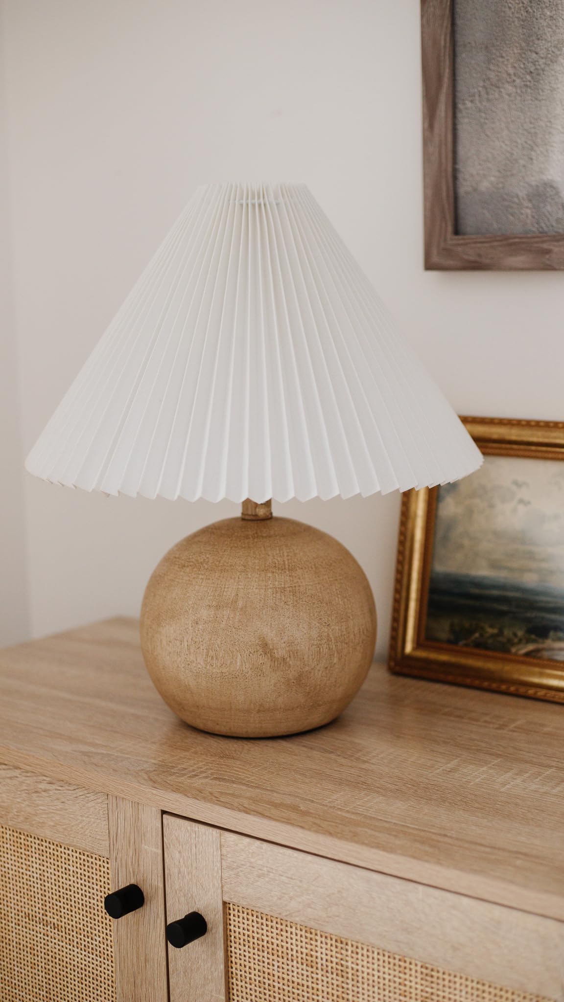 JONATHAN Y 17.25" Beige Wood Finish/White Sphere Table Lamp, Mid-Century Bedside Nightstand with Beige Pleated Linen Shade, Scandinavian Coastal Style, LED Bulb Included (JYL1145B)