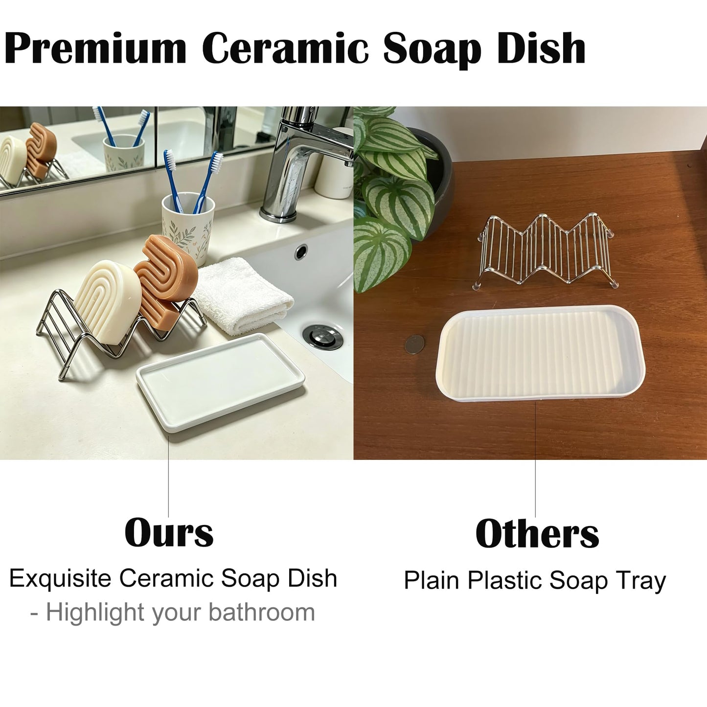 Lofekea Soap Dish, Stainless Steel Self Draining Shower Bar Soap Holder with Ceramic Dish Tray, W Style Soap Saver for Bathroom, Sink, Kitchen and Countertop(Green Texture)