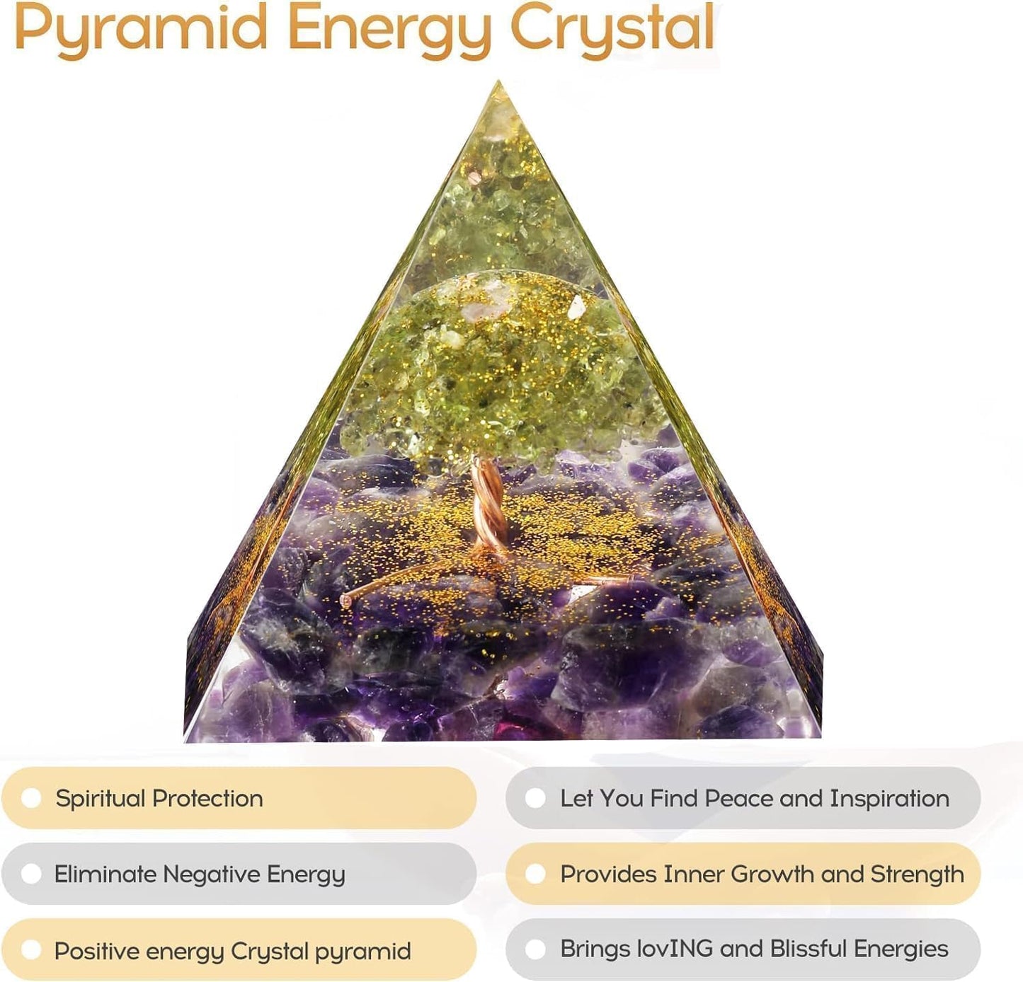 EternalOrgone Tree of Life Orgone Pyramid for Positive Energy, Orgonite Peridot&Amethyst Healing Crystal Pyramids for Reduce Stress Chakra Reiki Healing Meditation Attracts Lucky and Success