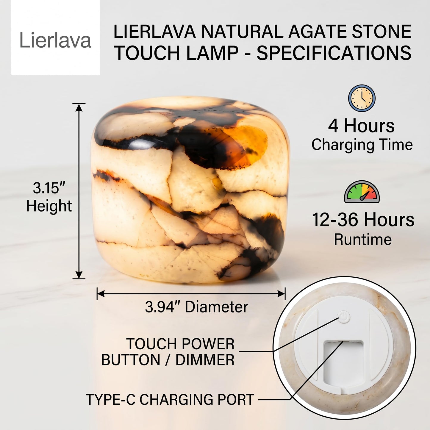 Lierlava Natural Marble Lamp, Cordless Rechargeable Tap Light, 3-Way Dimmable Ambient Stone Glow Lamp, Portable Zen Decor Gift for Bedroom Desk Shelf