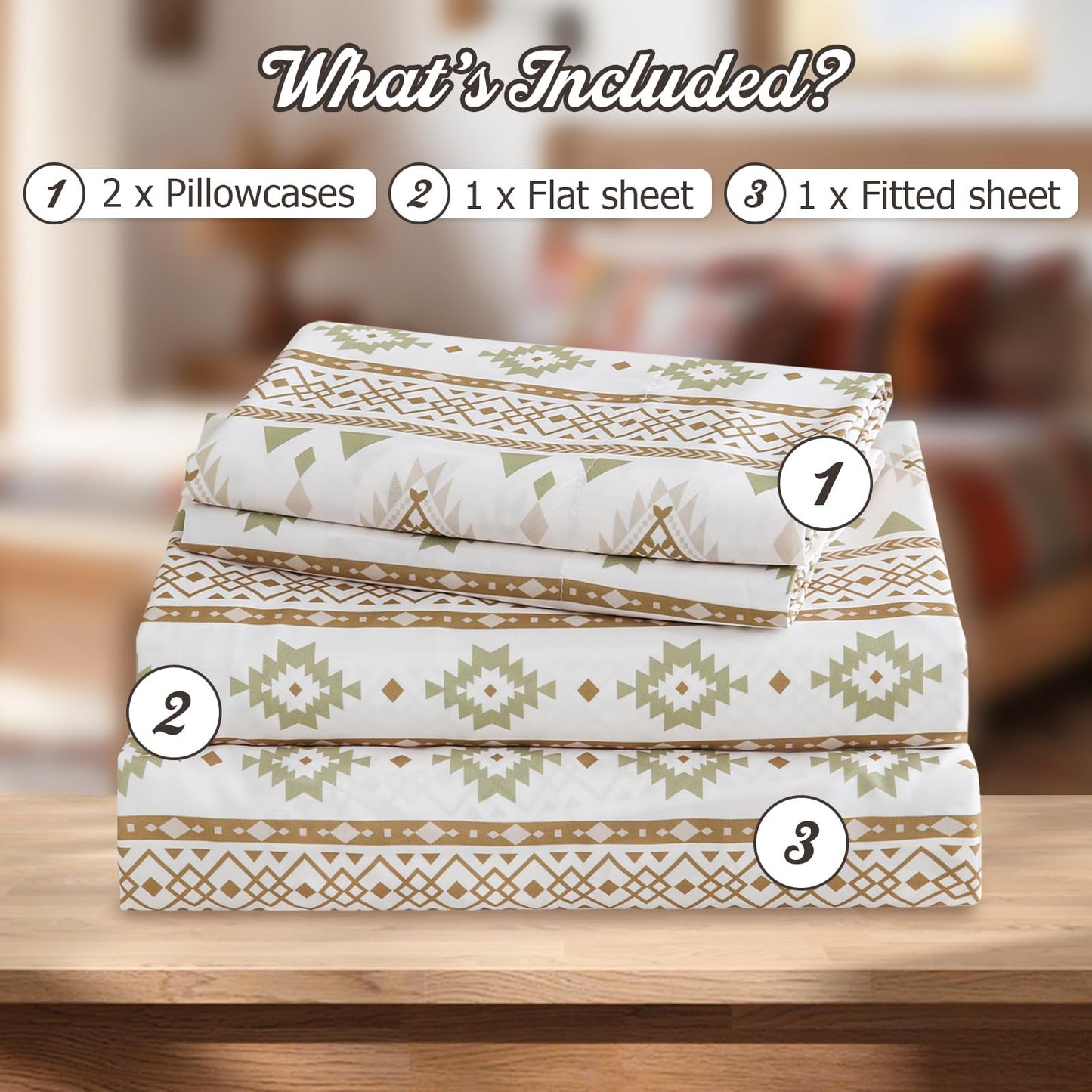 CozySmile 4 Pieces King Sheet Set Bohemian, Boho Sheets Soft Microfiber Deep Pocket, Western Sheets Geometric(King, Cream Olive Geometric)