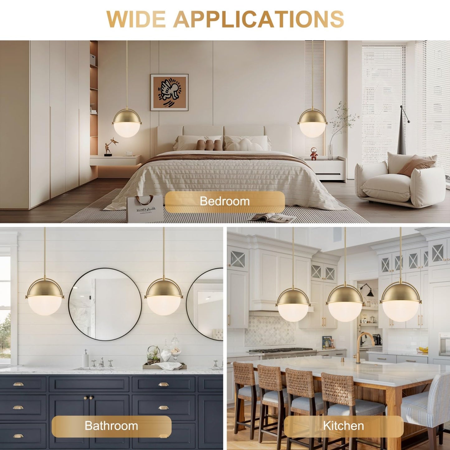 LOZOHOM 11.4 Inch Gold Globe Pendant Light Fixtures,Mid Century Modern Pendant Lights Kitchen Island with Milk Glass Shade, Adjustable Hanging Light Fixture for Kitchen Dining Room Bedroom Bathroom