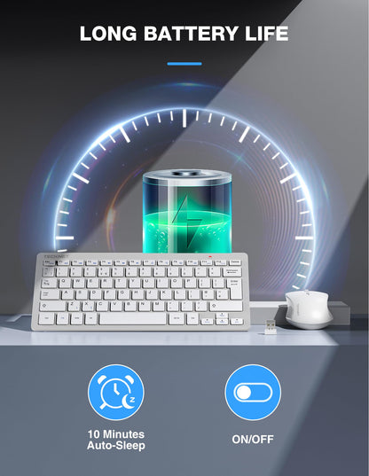TECKNET Mini Wireless Keyboard and Mouse Set, 2.4G Cordless USB Keyboard and Silent Mouse Comb with Nano USB Receiver, 12 Multimedia Shortcuts for Computer, PC, Laptop, Desktop (Silver)