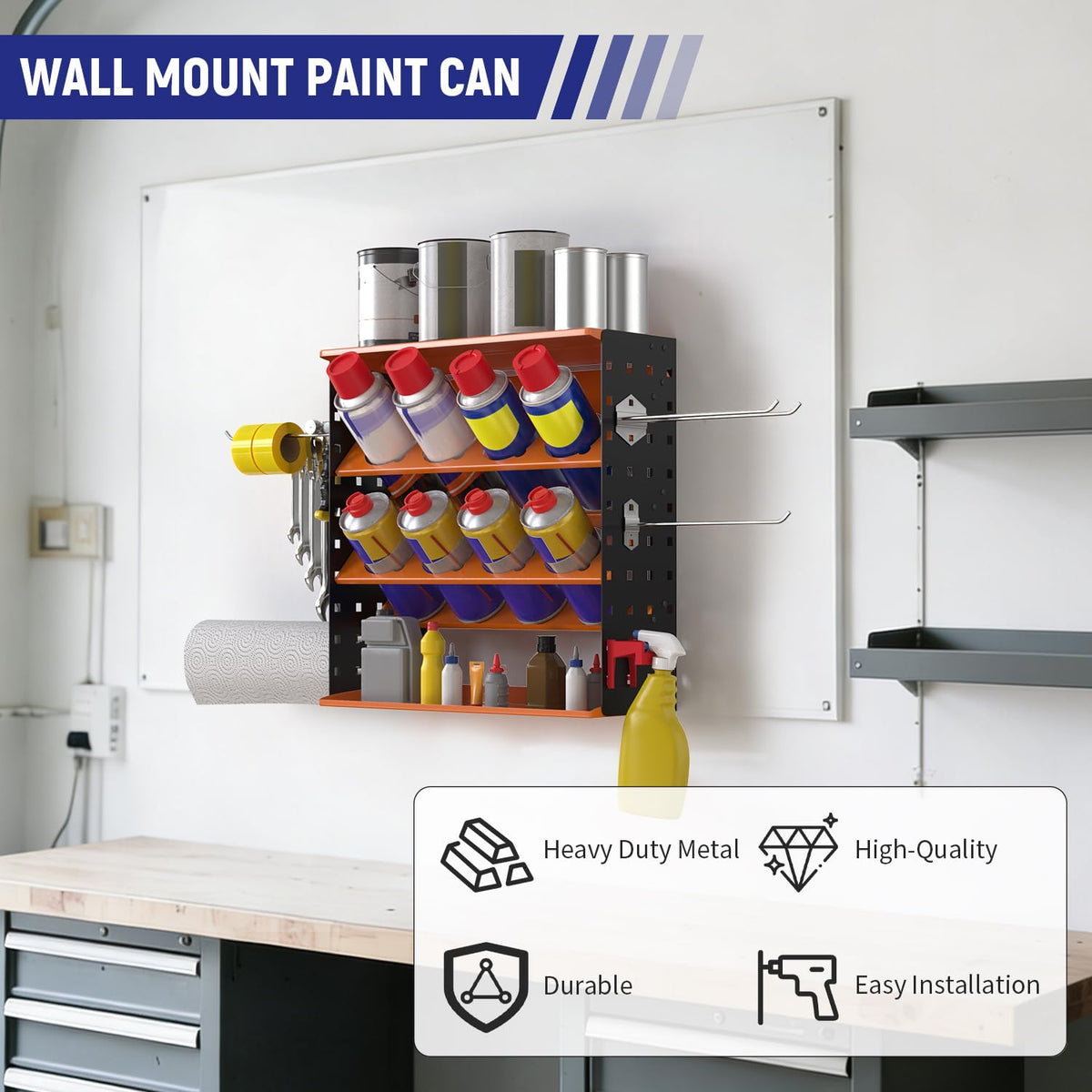 Wall Mount Spray Can Holder, Aerosol Spray Bottle Holder Storage Rack, Heavy-Duty Paint Bottle Organizer with 8 Can Holes & 4 Steel Hooks, 4 Plastic Hooks for Garage, Shop, Home or Tool Trailer