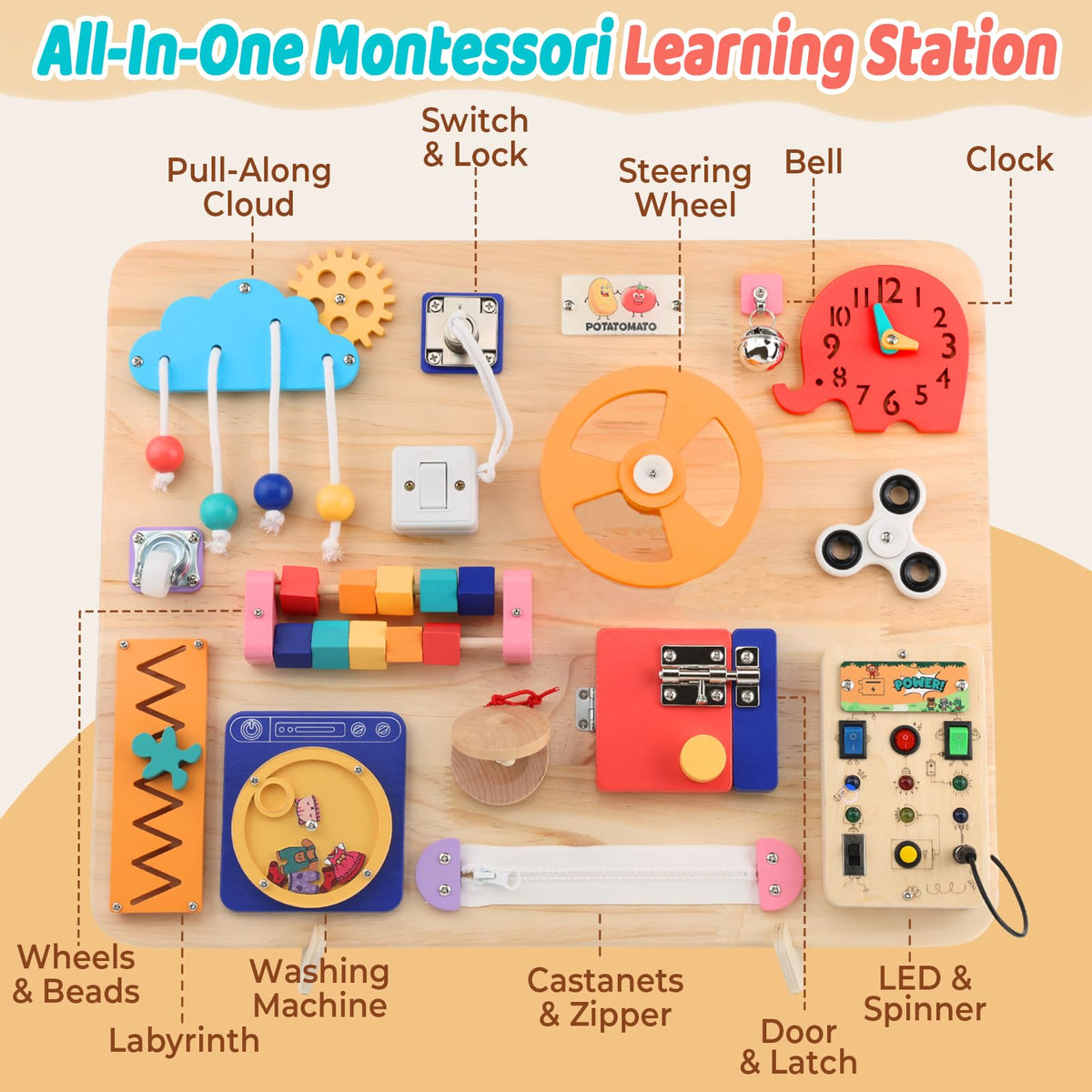 Large Montessori Busy Board for Toddlers,Wooden Sensory Toy
