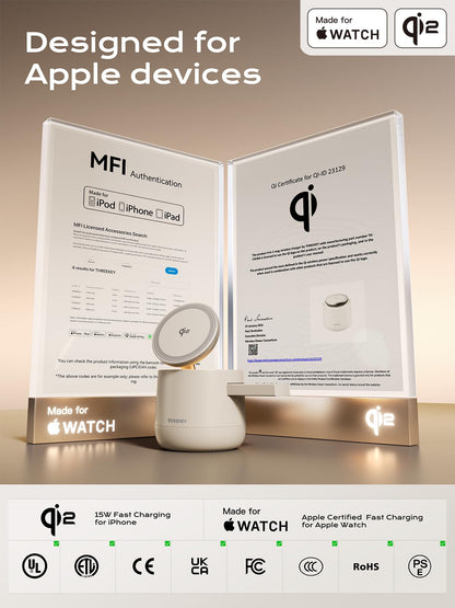 MFI Certified by Apple, 4 in 1 Magsafe Wireless Charging Station, Qi2 15W Magsafe Charger for iPhone 17/16/15/14/13/12 Series, iWatch, Airpods, iPad, 65W Charger Included (Sand, 4 in 1)