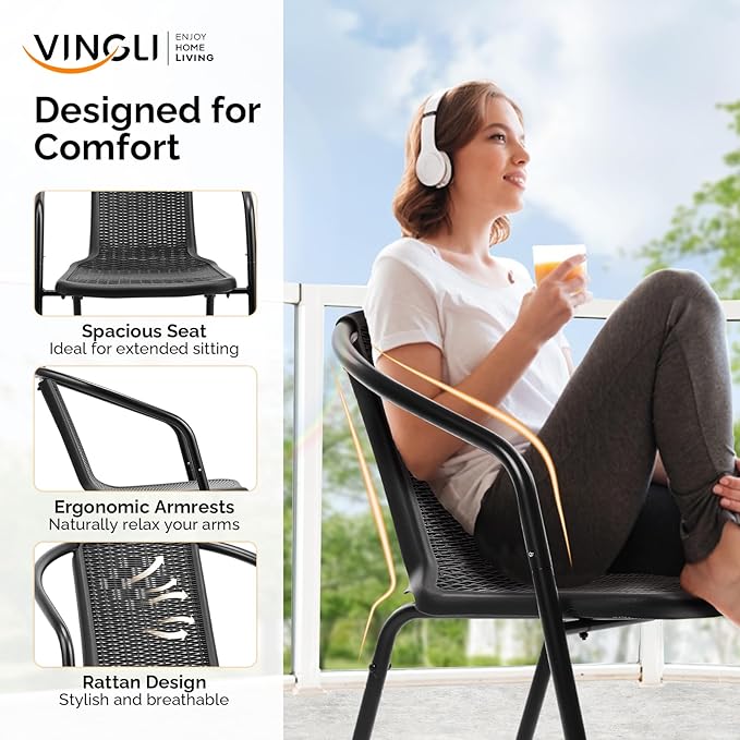 VINGLI PE Rattan Outdoor Dining Chairs Set of 4, Plastic Stackable Patio Chairs for Indoor, Porch, Restaurant, Garden, Black