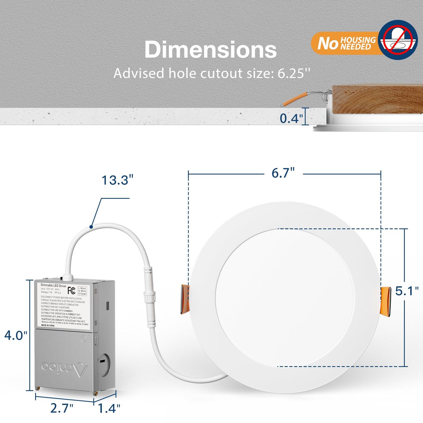 Amico 24 Pack 6 Inch 5CCT Ultra-Thin LED Recessed Ceiling Light with Junction Box, 1050LM Brightness, Dimmable Canless Wafer Downlight, 12W, ETL&FCC