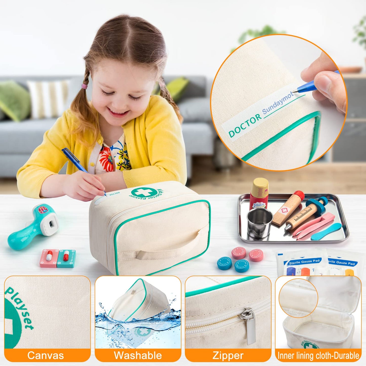 Sundaymot Kids Doctor Kit Toy with Real Wooden Stethoscope, Thermometer, Syringe and Practical Items for Children Role Play Medical, Gift for 3 4 5 Years Boys Girls