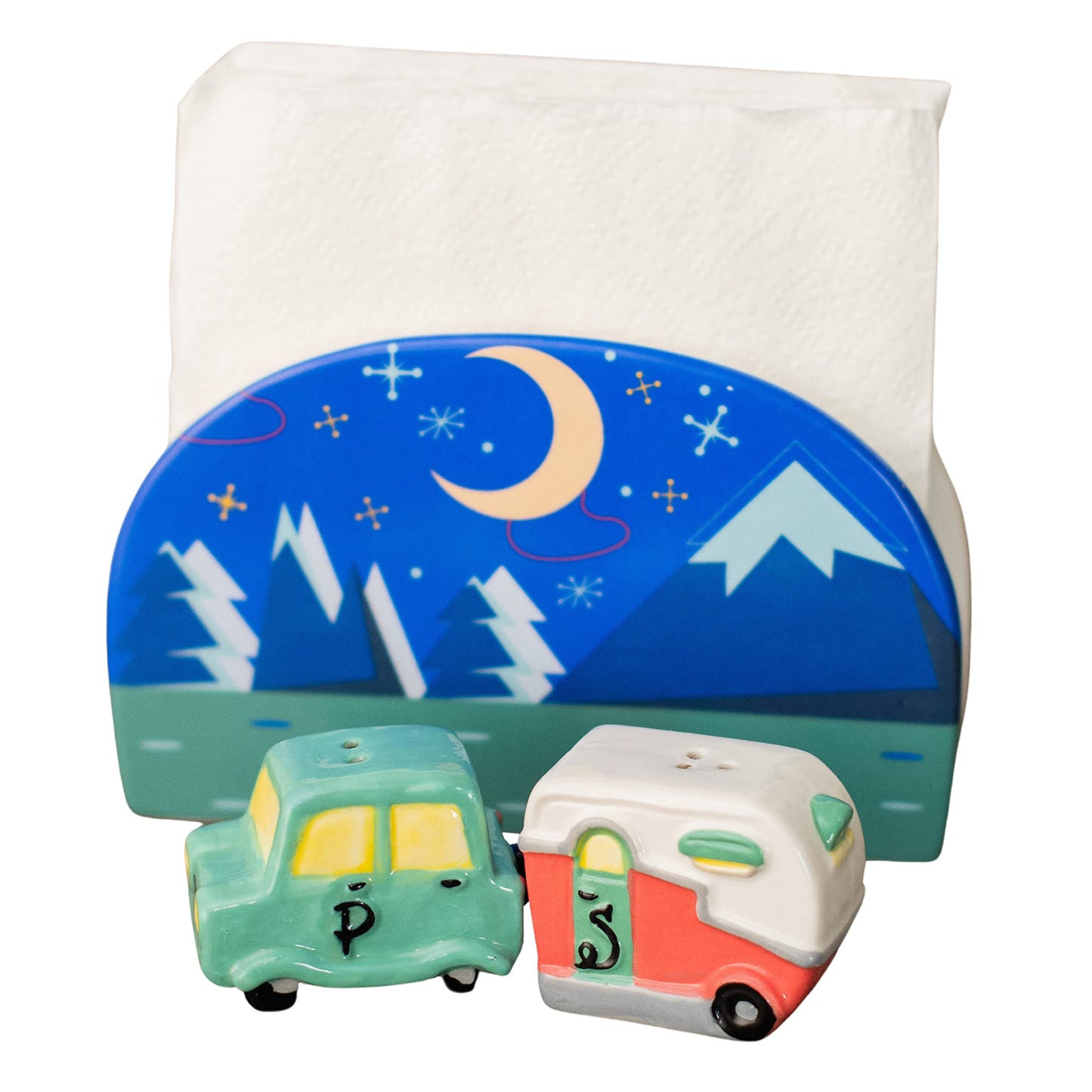Salt and Pepper Car and Camper Spice Shakers & Napkin Holder, Sun and Moon Reversible Camping Decor, Spice Set, Retro Refillable, 4.6 x 7.2 x 2.5, Travel Camper Accessories