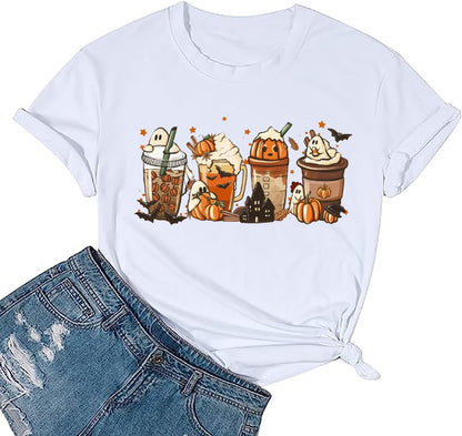 Pumpkin Latte Shirt Women Funny Graphic Fall Coffee Tee Coffee Lover Shirts Gifts Halloween Pumpkin Spice Tops (S, White)