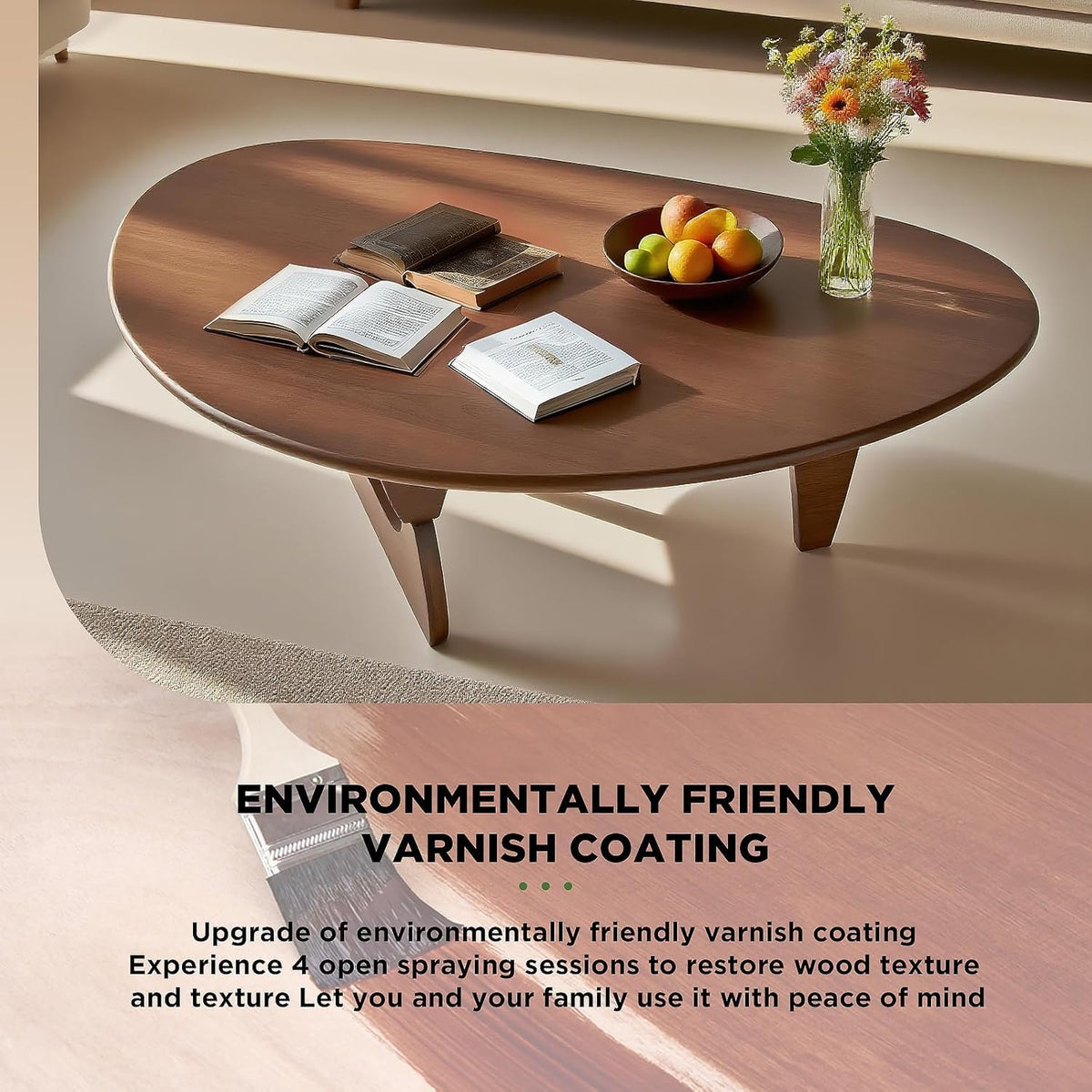 Solid Wood Triangle Coffee Table,Unique Mid Century Modern Oval Coffee Table,Irregular Geometric Tea Tables for Home Living Room with Wooden Tabletop and Reinforced Legs Walnut 35" L x 24" W x 16" H