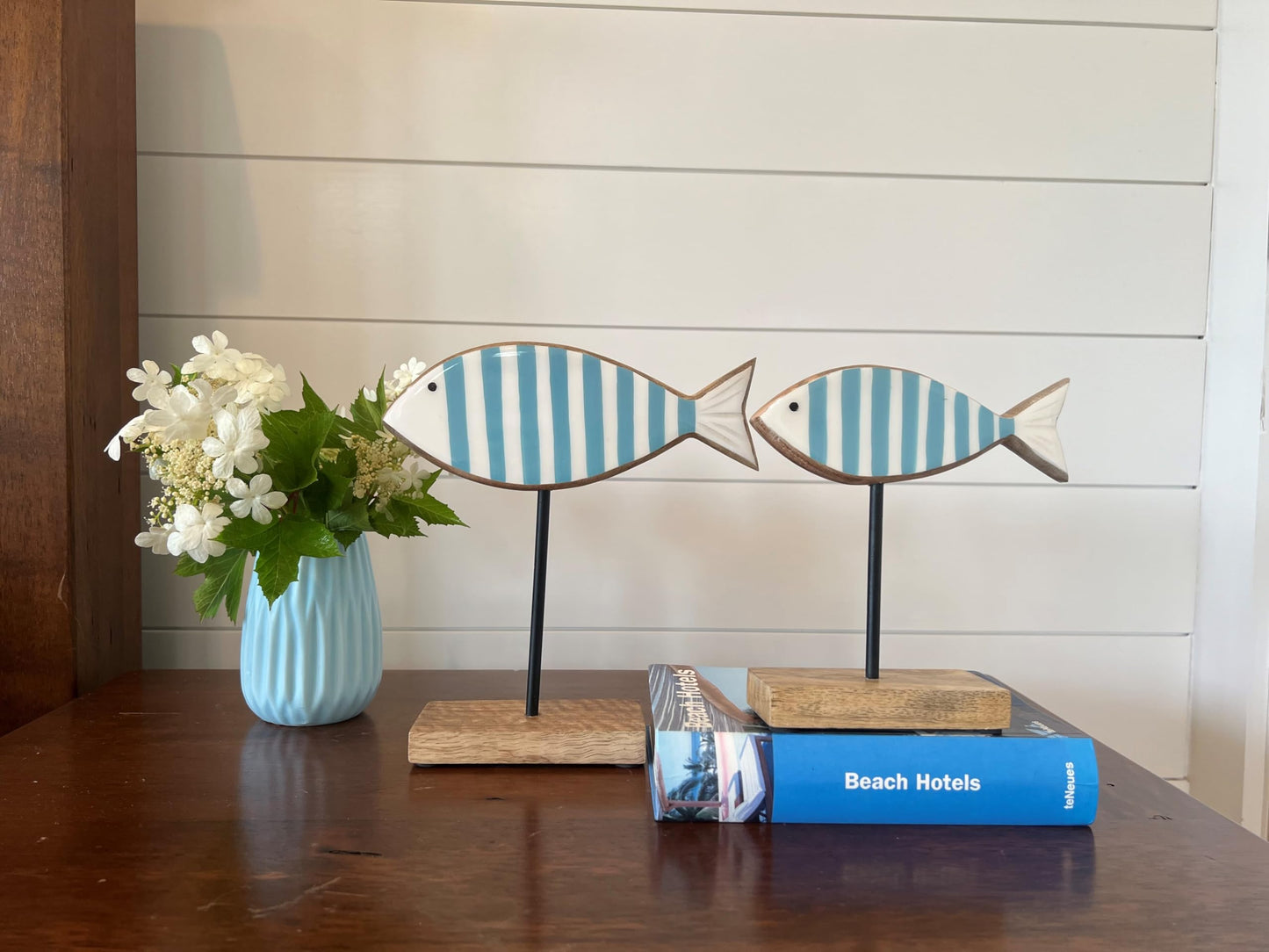 WHW Whole House Worlds Beach Chic Striped Fish Figurines, Set of 2, Glossy Blue and White, Wood, Post Mounted, Rectangle Gallery Base, 8.25 Inches