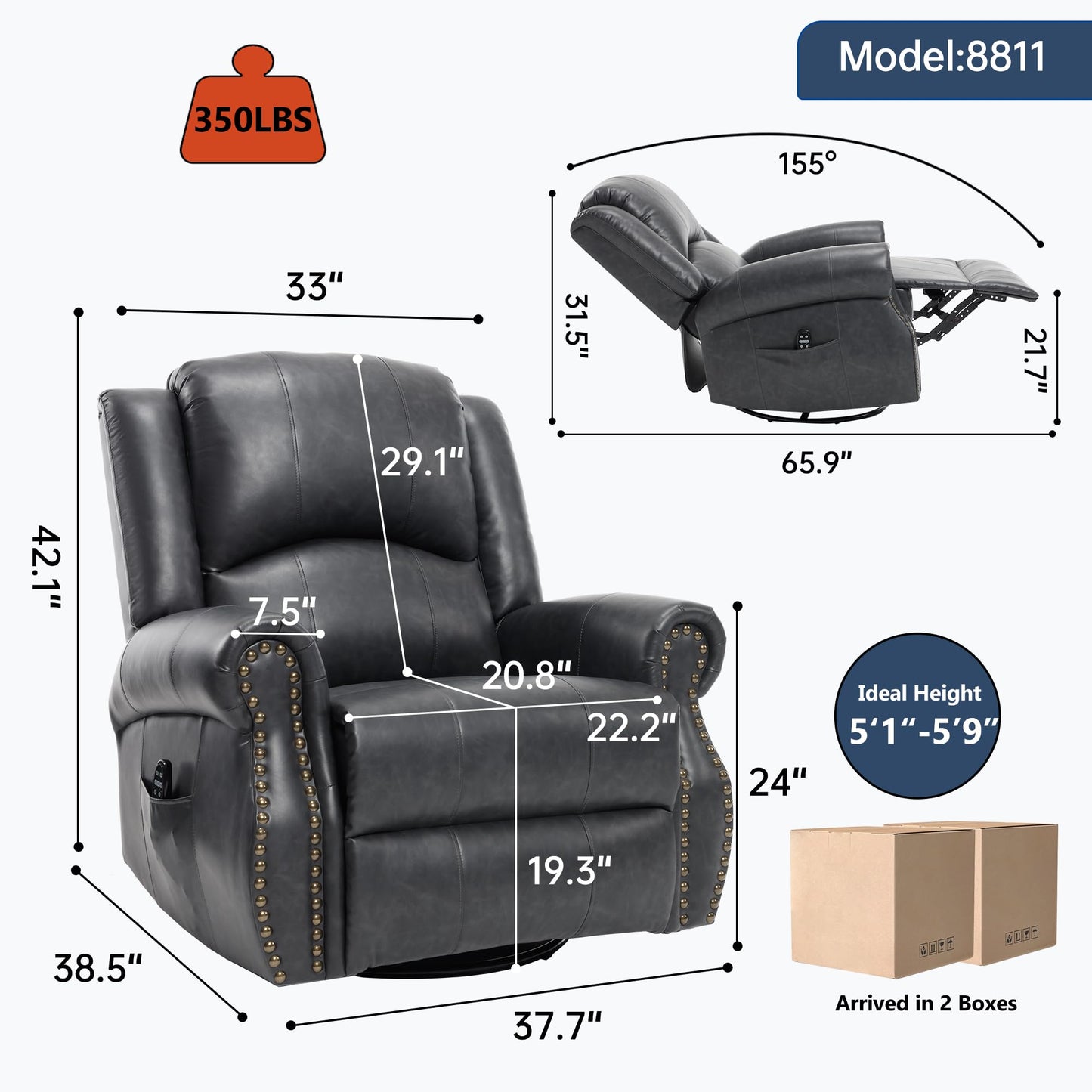 GDFStudio Heat Massage Swivel Rocker Recliner Chair, Manual Fabric Recliner with 360° Swivel, Rocking Function, Lumbar Heat and 8-Point Massage, Overstuffed Living Room Reclining Chair, Grey