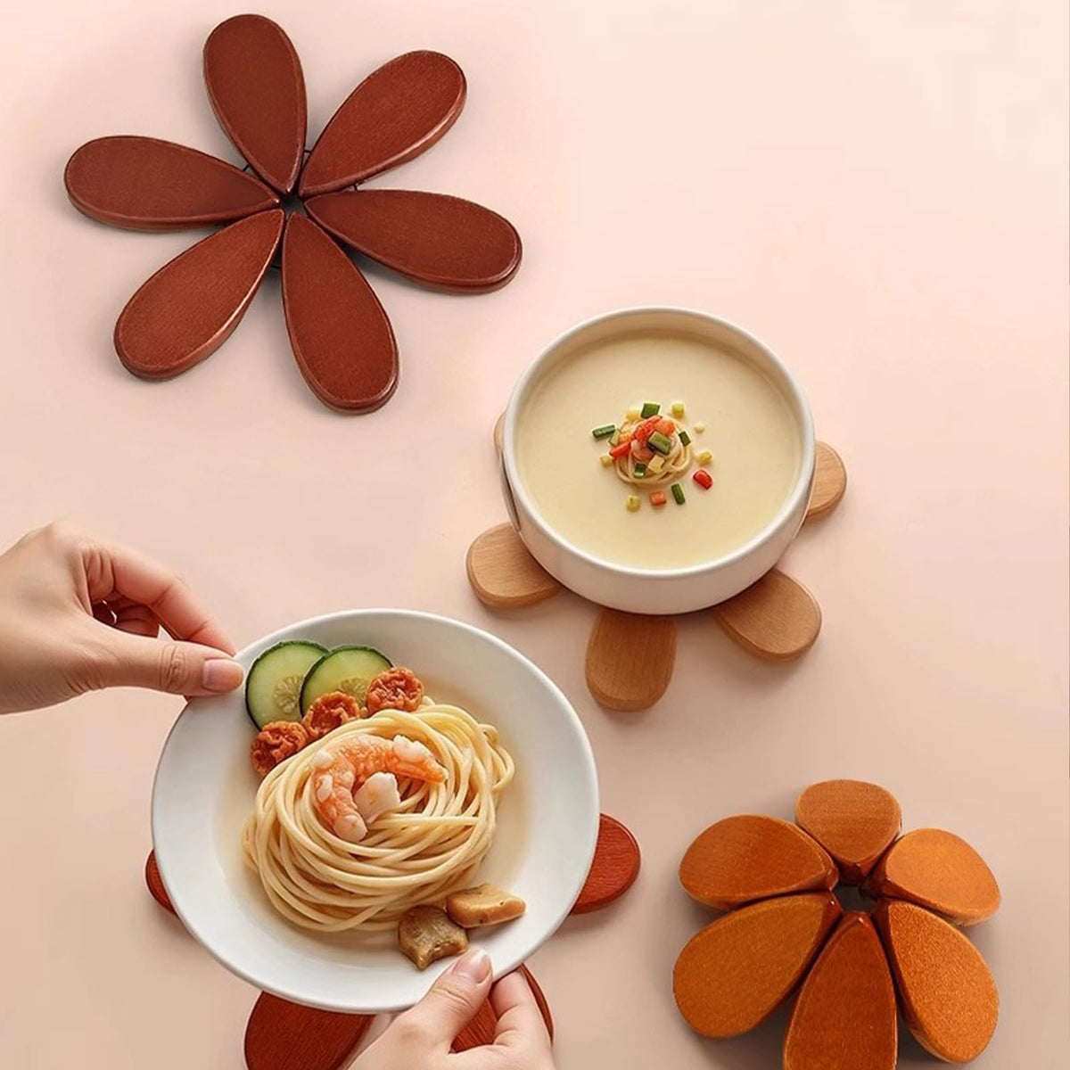 4 Pcs Wooden Trivets for Hot Dishes with Storage Stored, 7.8" Foldable Christmas Tree Shaped Trivets Set, Heat Resistant Hot Pads for Hot Pots Bowl Teapot, Kitchen Decor for Quartz Counter (Apple)