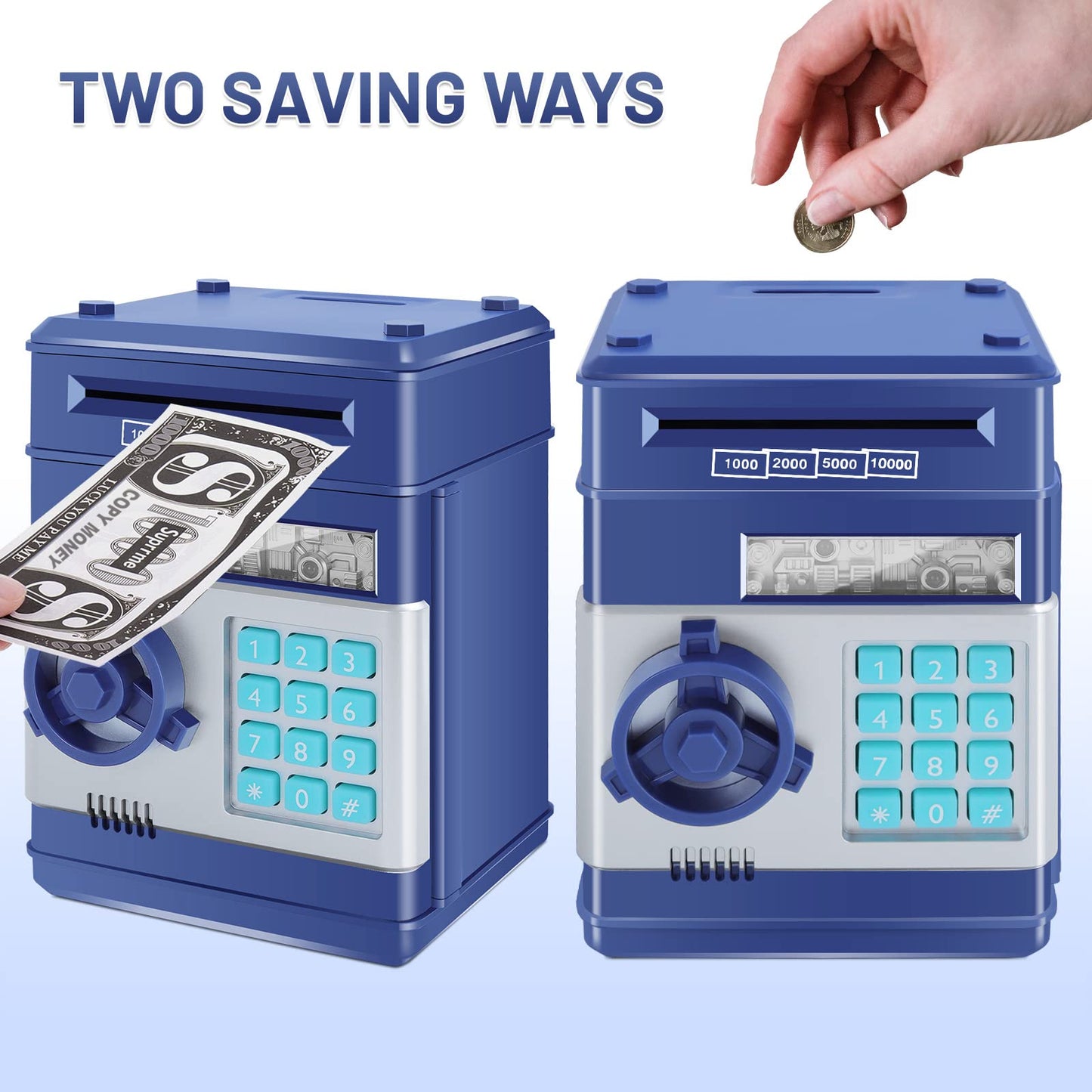 GuDoQi Piggy Bank for Boys Electronic Coin Money Bank Toy for 3 4 5 6 7 8 9 10 Year Old Children, Mini ATM Cash Coin Saving Box for Birthday Gifts Kids Age 3-10, Navy