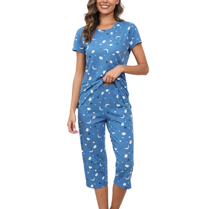 PNAEONG Women Pajama Set Sleepwear Tops with Capri Pants Casual and Fun Prints Pajama Sets Moon Night L