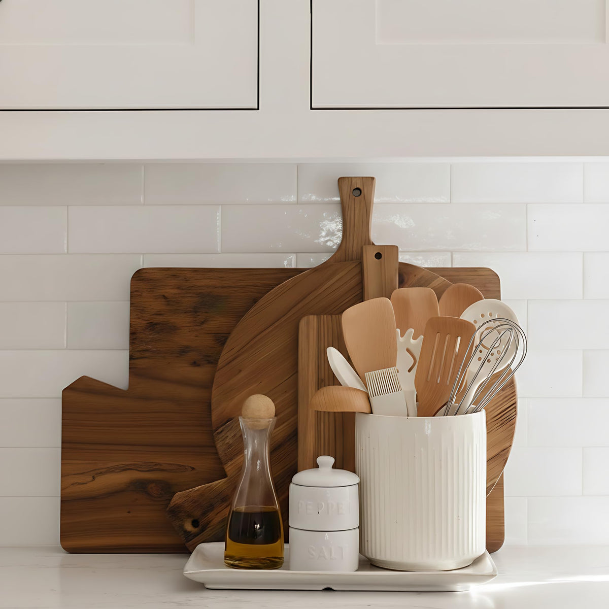 JIEMEI HOME Kitchen Utensil Holder, 7.2" Large Ceramic Stable Utensil Crock for Countertop, Utensil Organizer with Cork Mat, Removable Bamboo Divider for Easy, Kitchen Decor, Aged Ivory Speckle