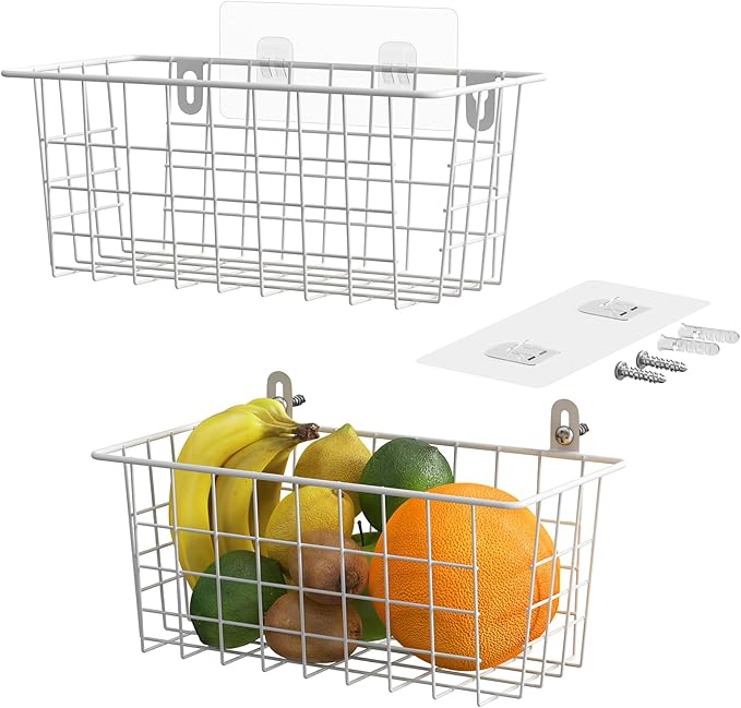 MaraFansie Hanging Wire Baskets Kitchen Storage Basket Adhesive and Screws