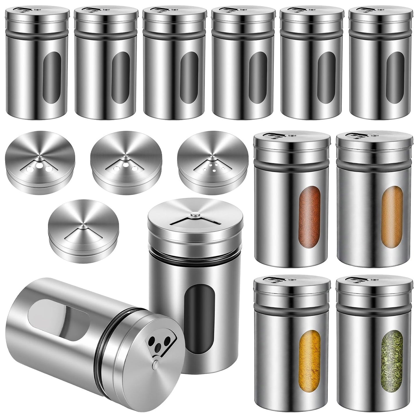 12 PCS Stainless Steel Salt and Pepper Shakers Set with Adjustable Pour Holes and Glass Window Seasoning Shakers with Rotating Lid Spice Dispenser Shaker for Seasoning, Sugar, Cinnamon, Home Kitchen