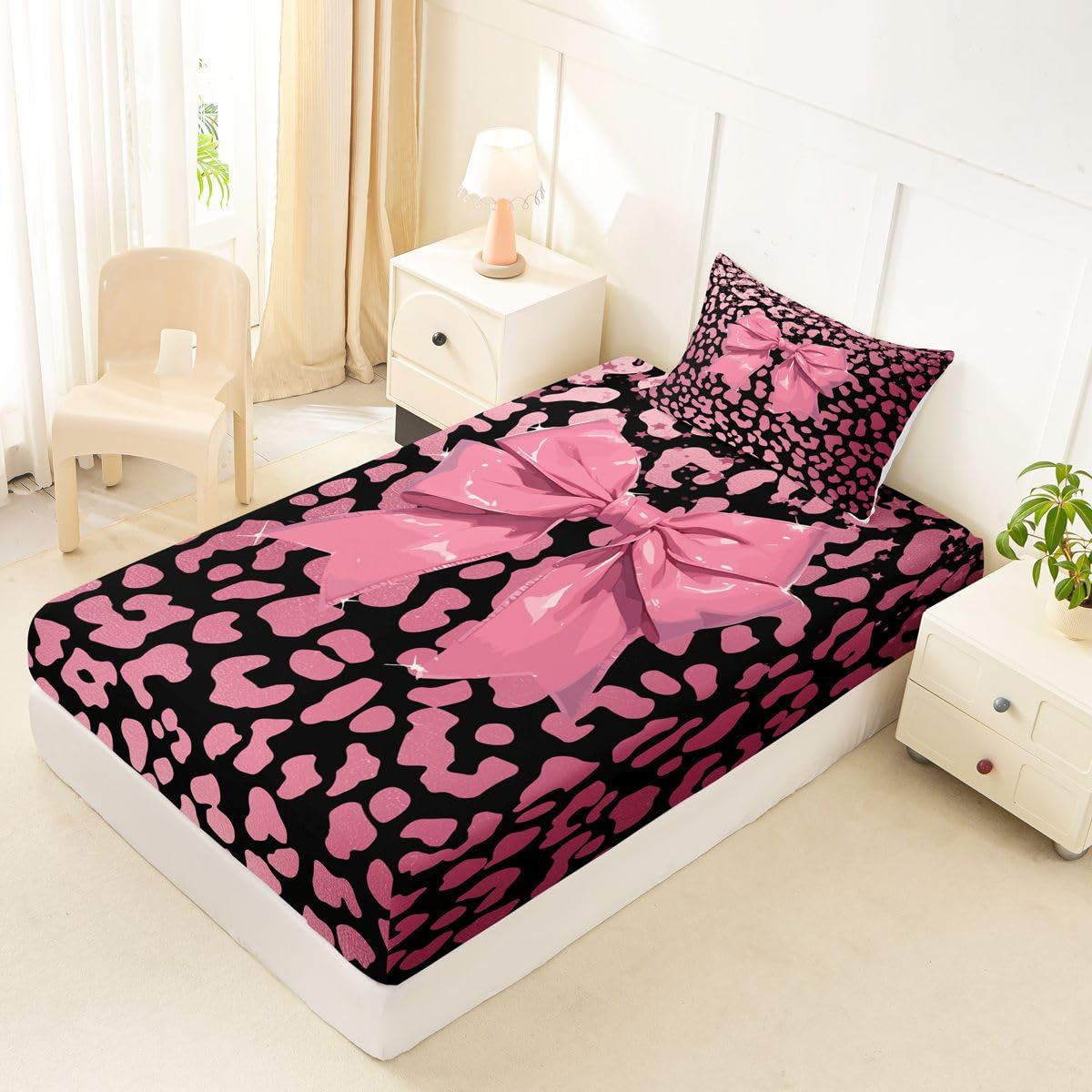 jejeloiu Cute Leopard Bow Fitted Sheet Twin Size for Kids Boys Girls Black Pink Bowknot Bed Sheets Set 16" Deep Pocket Dreamy Princess Style Bedding with 1 Pillowcase Room Decor
