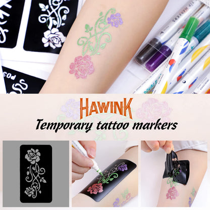 HAWINK Temporary Tattoo Markers for Skin, 10 Body Markers + 20 Large Tattoo Stencils for Kids and Adults, Dual-End Tattoo Pens Make Bold and Fine Lines ZYH2208001KIT