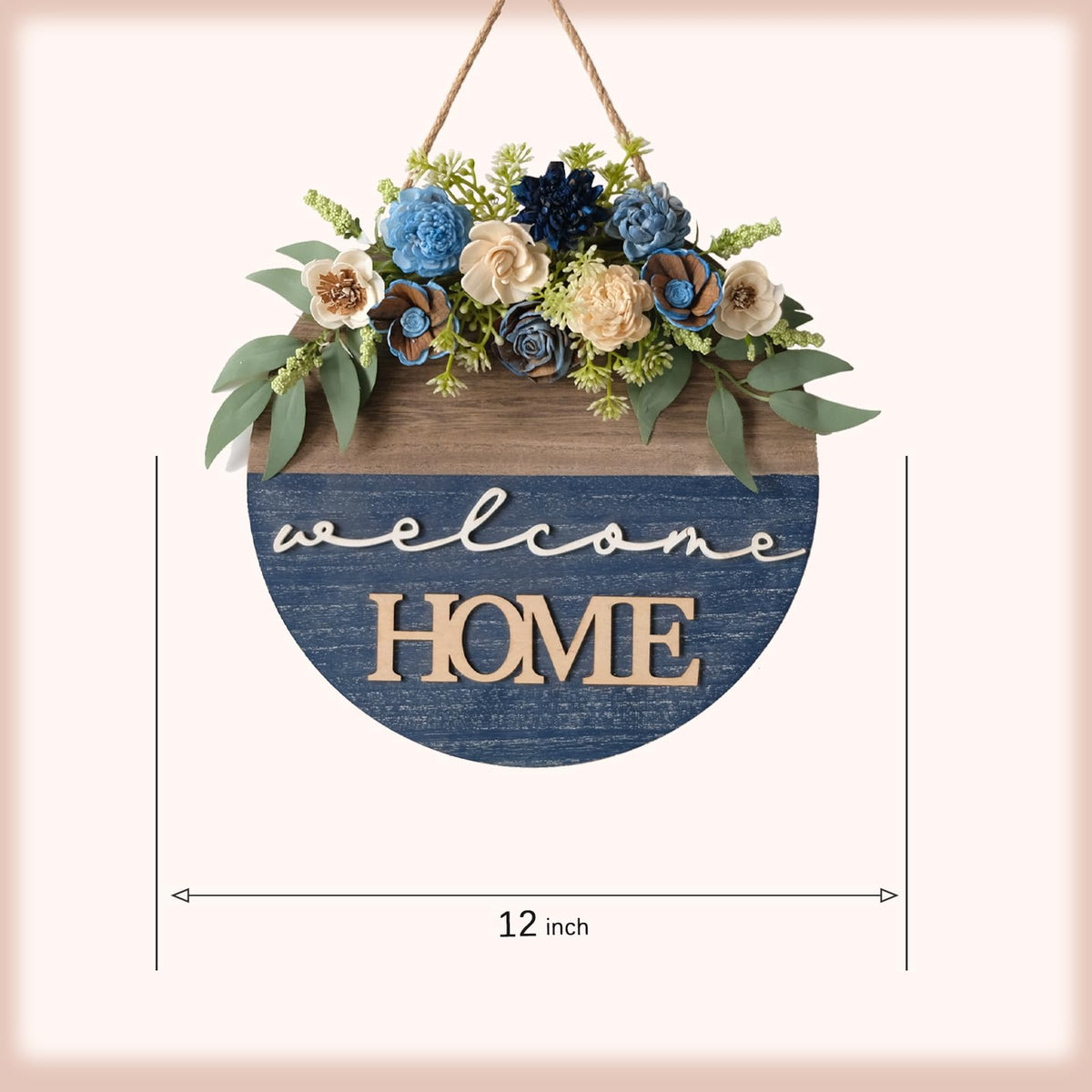 Spring/Summer Welcome Sign for Front Door 16 Inch Round Wood Sign with Rice-Paper Plant Flowers Hanging for Farmhouse Porch Door Decoration (Blue)