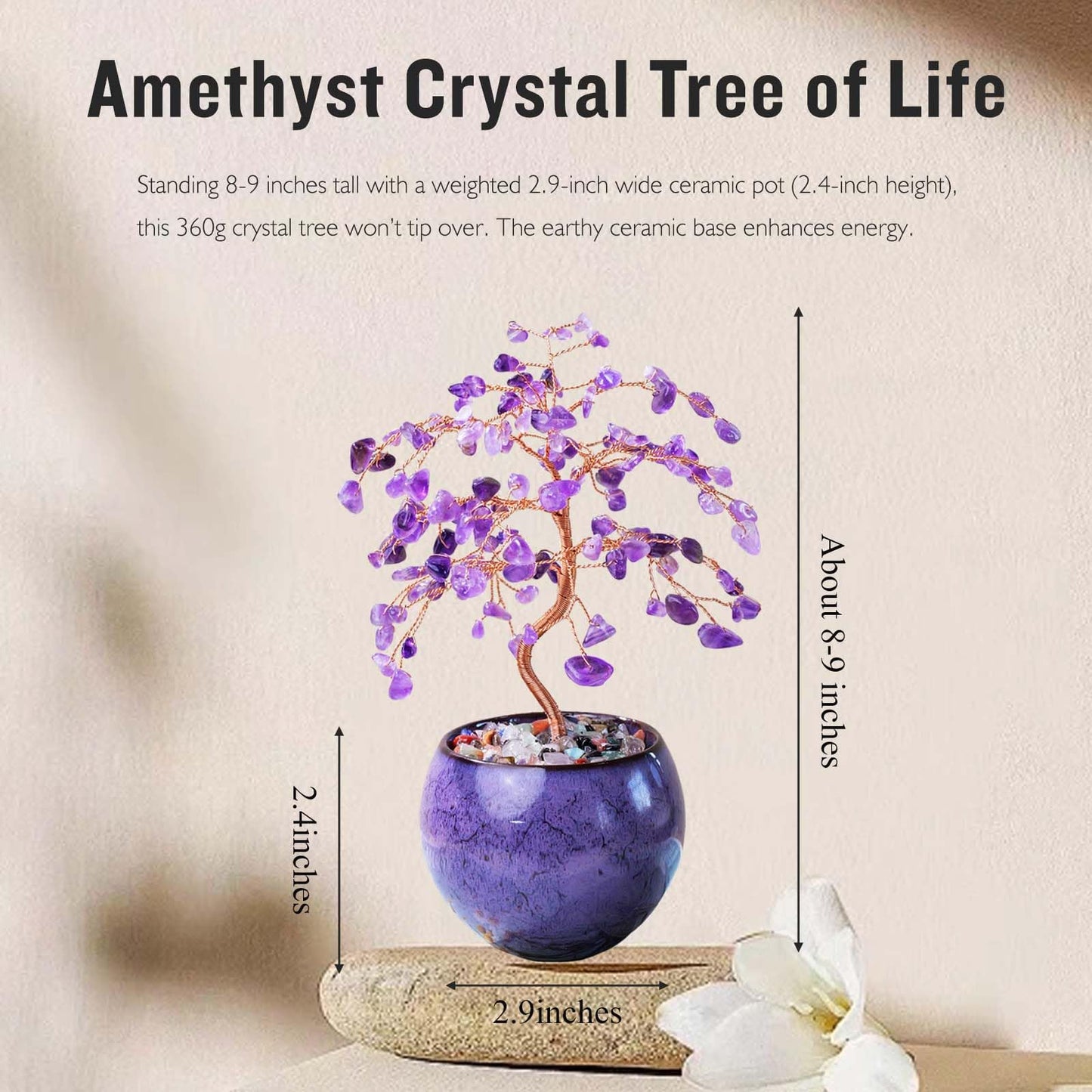 Runyangshi Amethyst Crystal Tree of Life - 8" Large Natural Chakra Healing Crystal Tree, Bringing Money, Good Luck, Positive Energy for Home Decor, Feng Shui Gifts, Office Desk Ornament