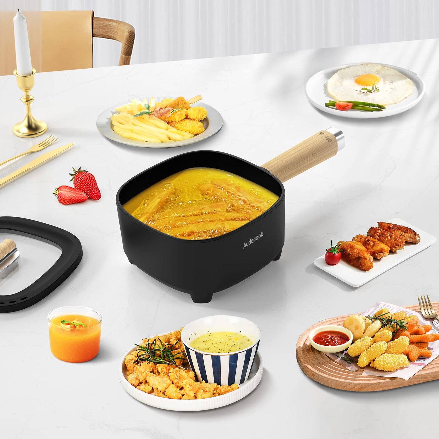 Audecook Hot Pot Electric 2L, Cermic Glaze Non-Stick Frying Pan 8 Inch, Portable Travel Cooker for Ramen/Steak/Fried Rice/Oatmeal/Soup, with Dual Power Control (Silicone Spatula Included)