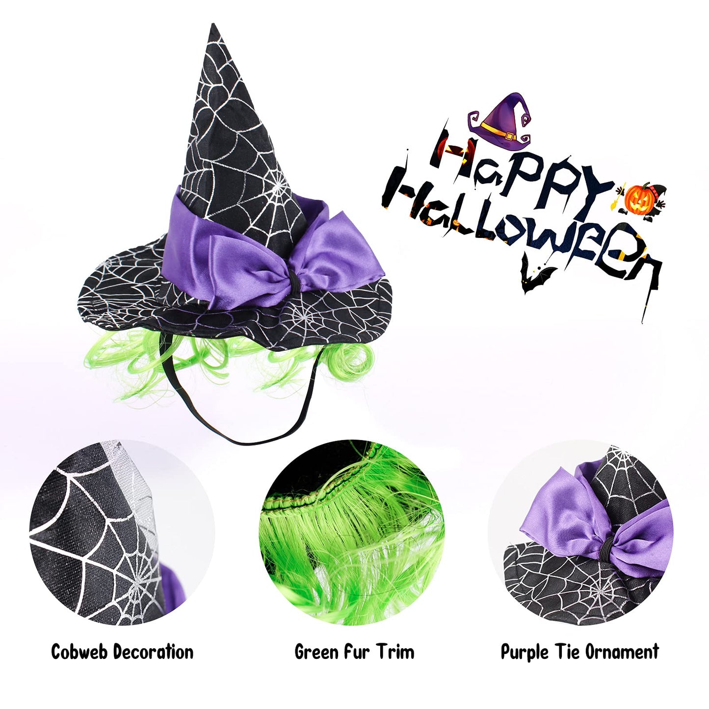 LESYPET Cat Halloween Costume Hat Dog Hat, Wizard Hat with Green Wig for Dog Cat Cosplay for Halloween, Christmas, Party