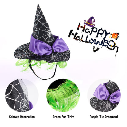 LESYPET Cat Halloween Costume Hat Dog Hat, Wizard Hat with Green Wig for Dog Cat Cosplay for Halloween, Christmas, Party