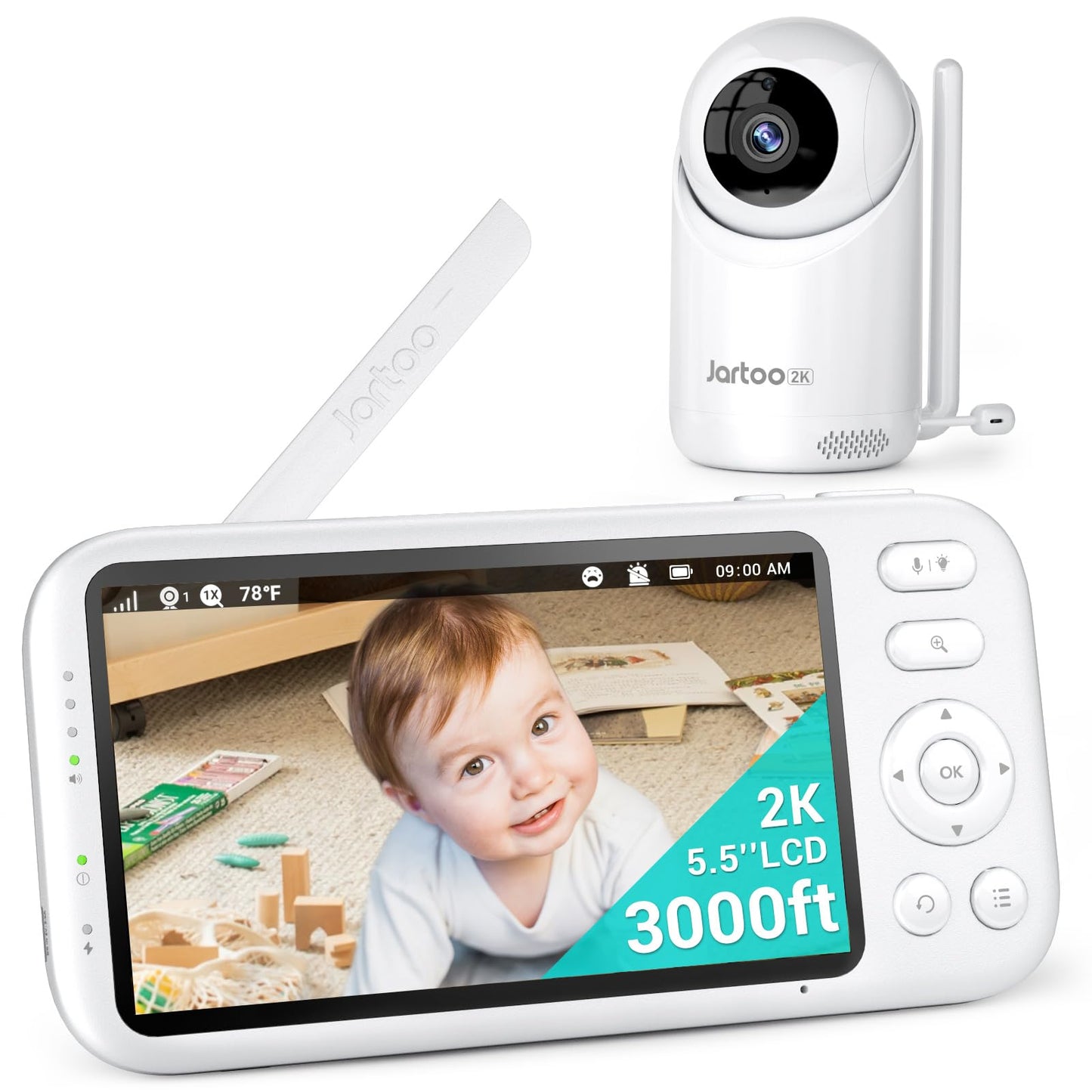 Jartoo 2K Video Baby Monitor with Camera and Audio, 3000ft Long Range Baby Monitor No WiFi 5.5" FHD Screen ANC Baby Camera Wireless, Feeding Clock, Night Vision, 2-Way Talk, AI Cry Detect, 6000mAh