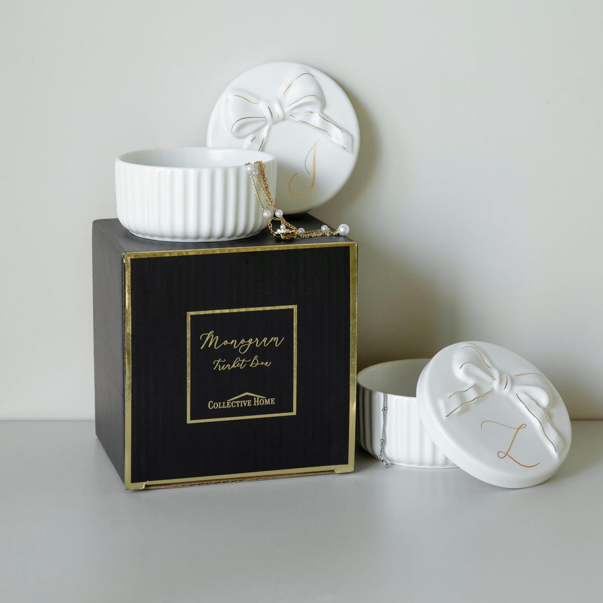 COLLECTIVE HOME - Monogram Jewelry Box with Bow, Christmas Gift Ideas for Women, Small Gift for Girlfriend Wife, Ring Holder, Earrings Dish, Birthday Gift for Her (J)
