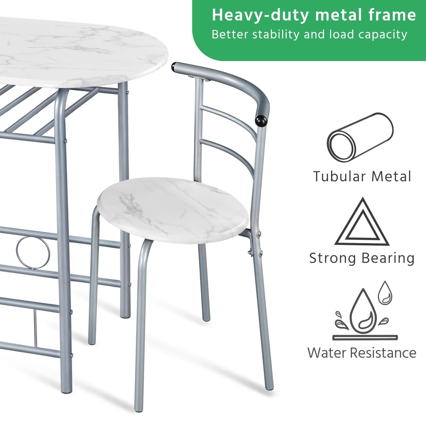 Yaheetech 3 Piece Modern Dining Table Set, Kitchen Table and Chairs Set for 2, Space Saving Table Set, Breakfast Nook Table Set with Steel Legs and Storage Rack for Kitchen/Small Space, White