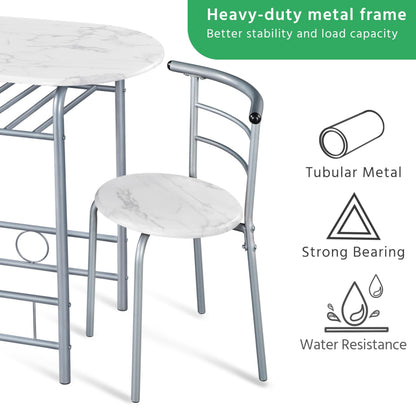 Yaheetech 3 Piece Modern Dining Table Set, Kitchen Table and Chairs Set for 2, Space Saving Table Set, Breakfast Nook Table Set with Steel Legs and Storage Rack for Kitchen/Small Space, White