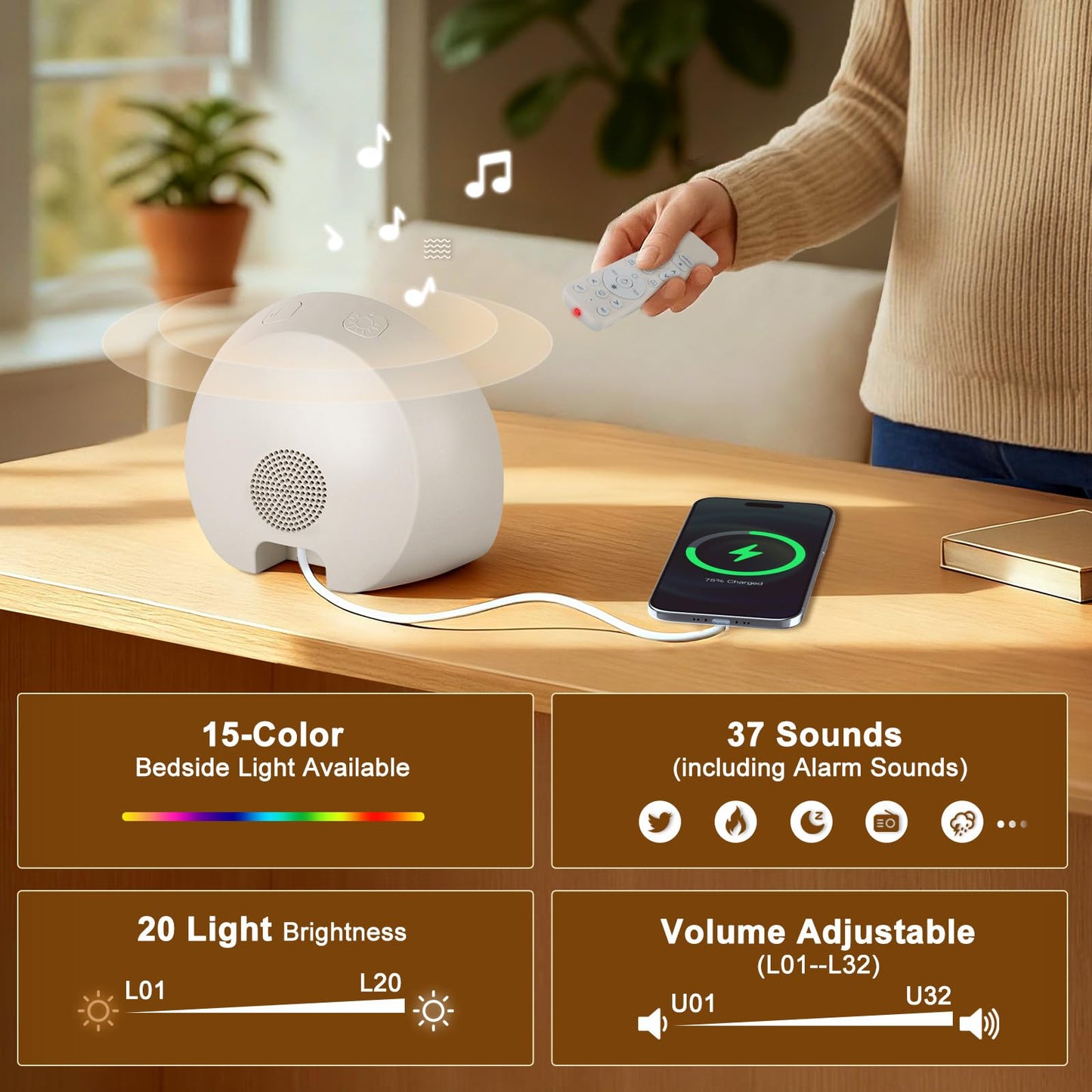 JONRRYIN Sunrise Alarm Clock Tap Snooze, 37 Sounds White Noise Machine Gentle Wake Up Light with Bluetooth, Remote, USB Charging & 15 Color Night Lamp, Sunlight Alarm for Heavy Sleeper Bedroom Gift