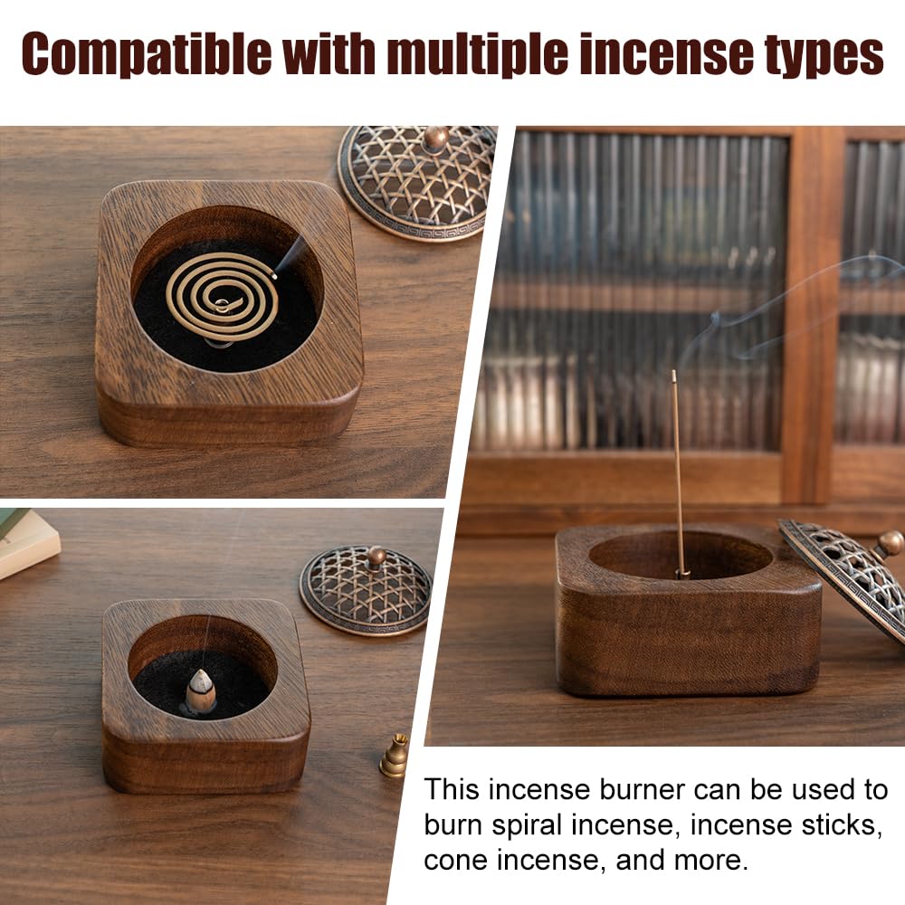 MIGAKU HOME Square Incense Burner Holder - 4" Handcrafted Walnut Wood Censer with Metal Alloy Lid | Natural Incense Stick/Bowl Tray for Yoga & Meditation | Luxury Home Decor Gift for Zen Lovers
