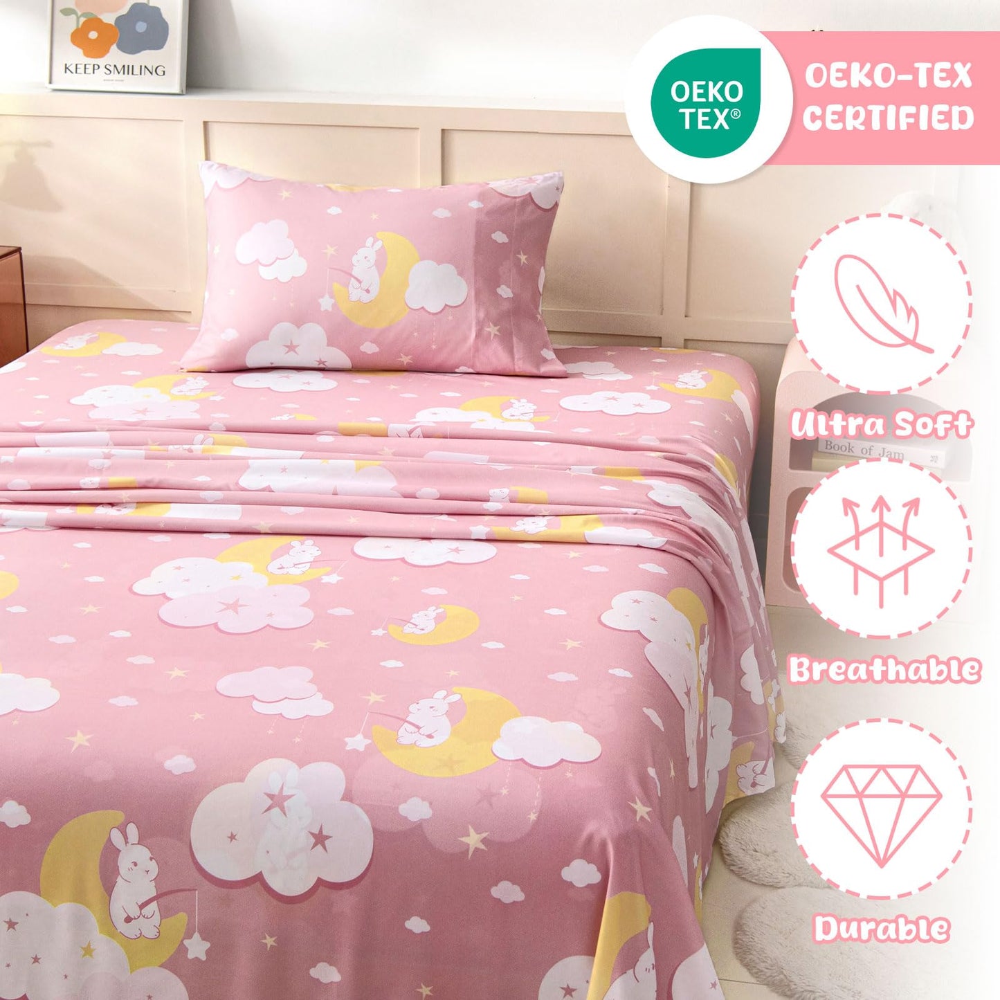 Swiftify Twin Sheet Set for Kids Girls, 3-Piece Bed Sheet Set for Toddler, Soft Brushed Microfiber Bedding, Deep Pocket, Wrinkle & Fade Resistant, Pink Bunny